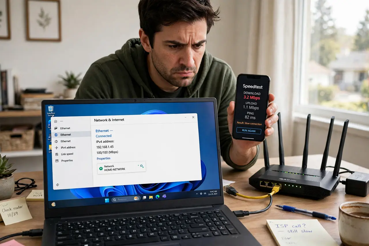 A person at a desk with a real laptop connected by an Ethernet cable to a router, holding a phone showing a slow speed test in legible text, the person's face frustrated but focused, home office.