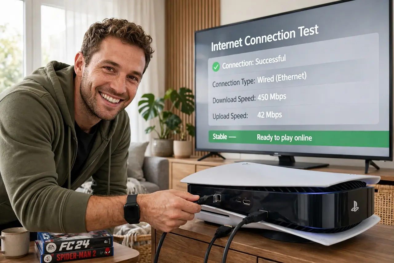 A person connecting a real ethernet cable to the back of a real game console next to a TV, the cable clearly visible, the person's face satisfied, living room.