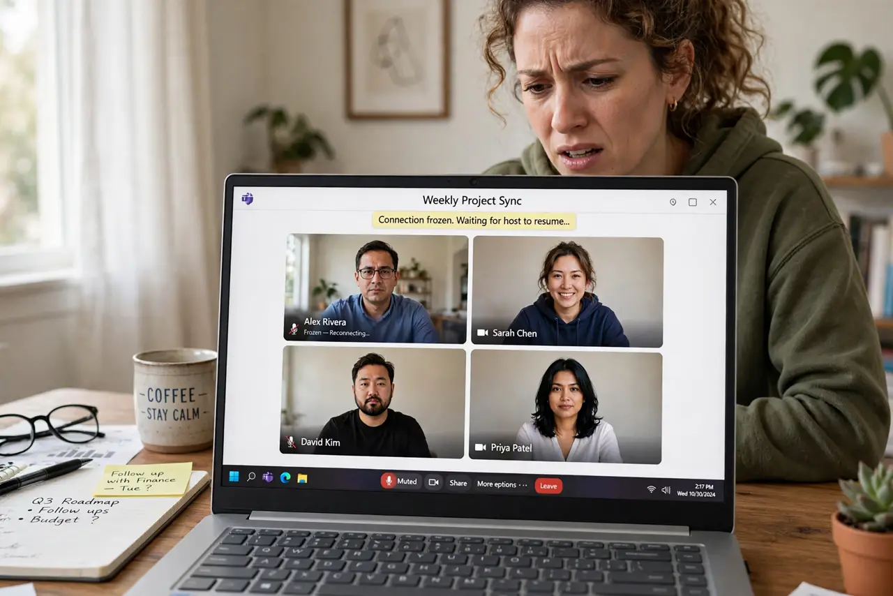 A frustrated person at a desk looking at a real laptop showing a frozen video call with legible participant tiles, the person's face exasperated, home office.