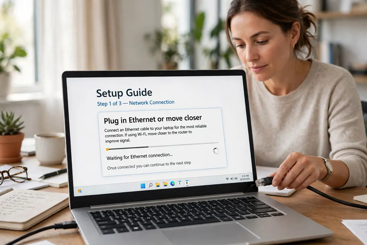 A person doing the guide's first step: Plug in ethernet or move closer.