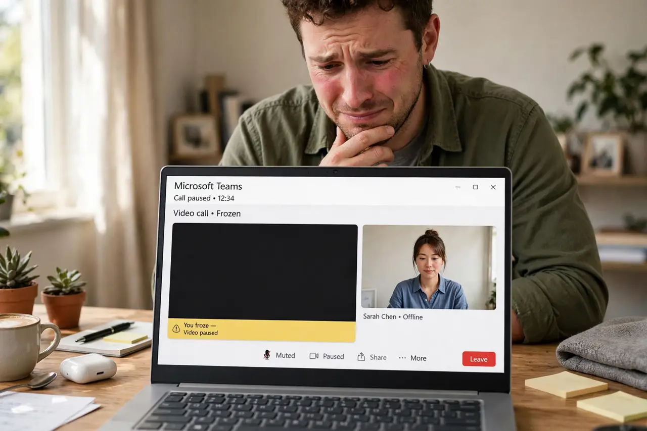 A person at a desk looking at a real laptop screen showing a frozen video call window with a colleague's still image, the person's face embarrassed, home office.