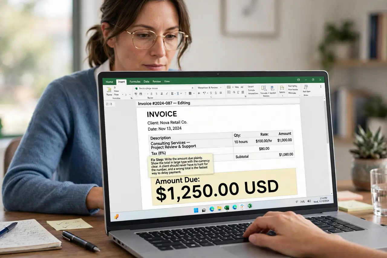 A person performing step 1 of the guide: Write the amount due plainly. Show the total in large type with the currency clear. A client should never have to hunt for the number,...