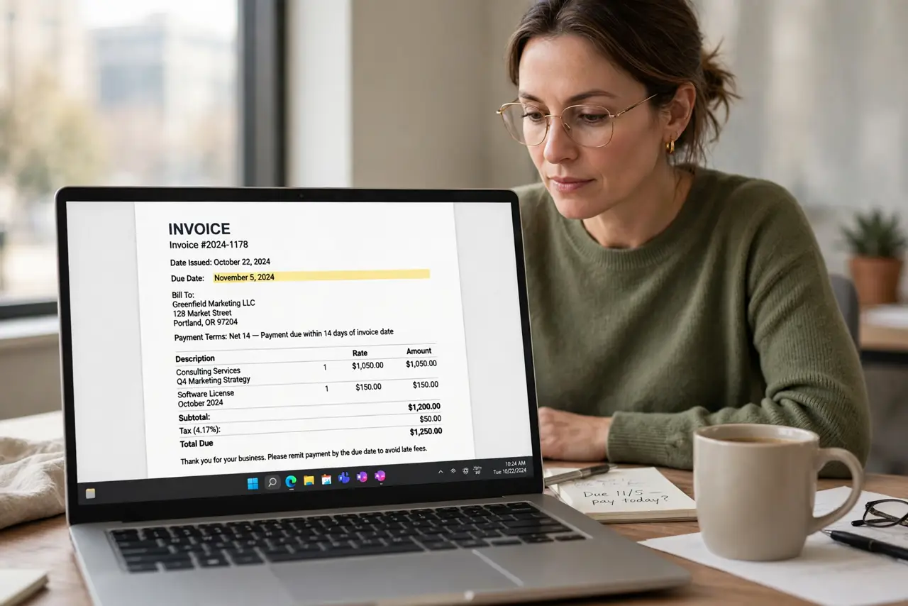 a calm adult at a desk with a real Windows laptop, an invoice document open showing normal payment terms with legible text, the person reviewing the due date