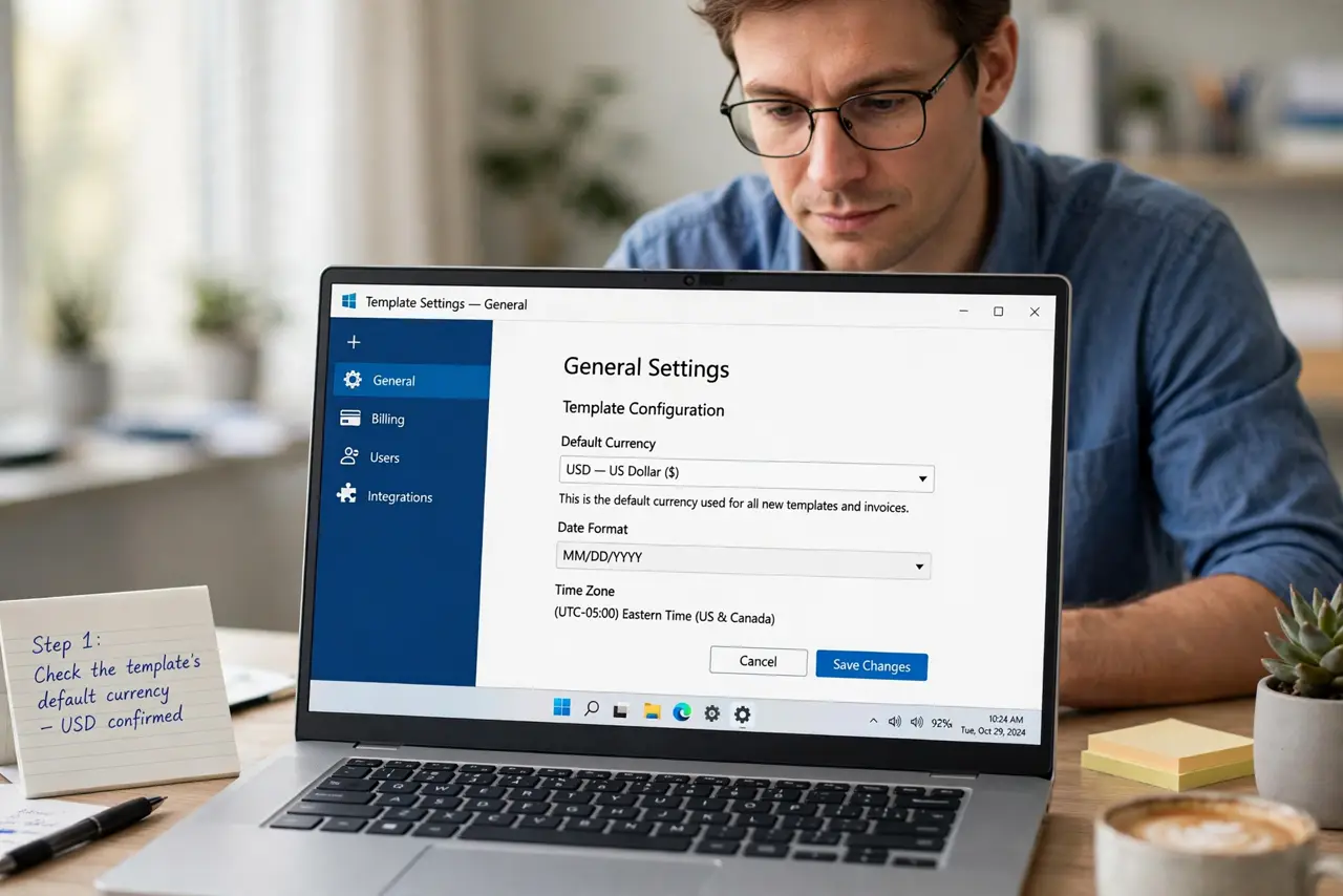 Person performing step 1 of Invoice Template Currency Wrong? Fix It
