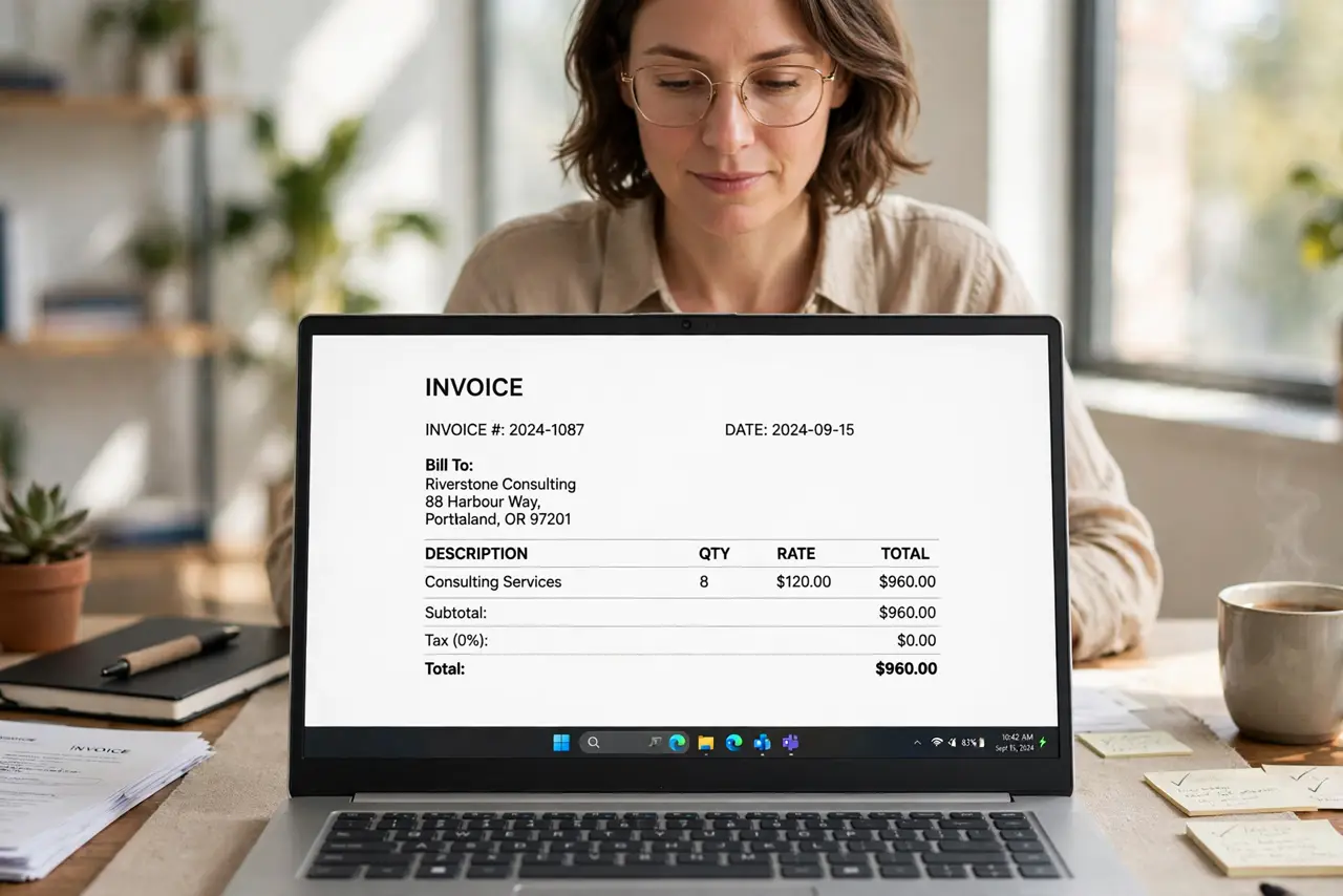 a calm adult at a desk with a real Windows laptop showing an invoice template on the real screen with a currency symbol and total visible. No black screen, no b