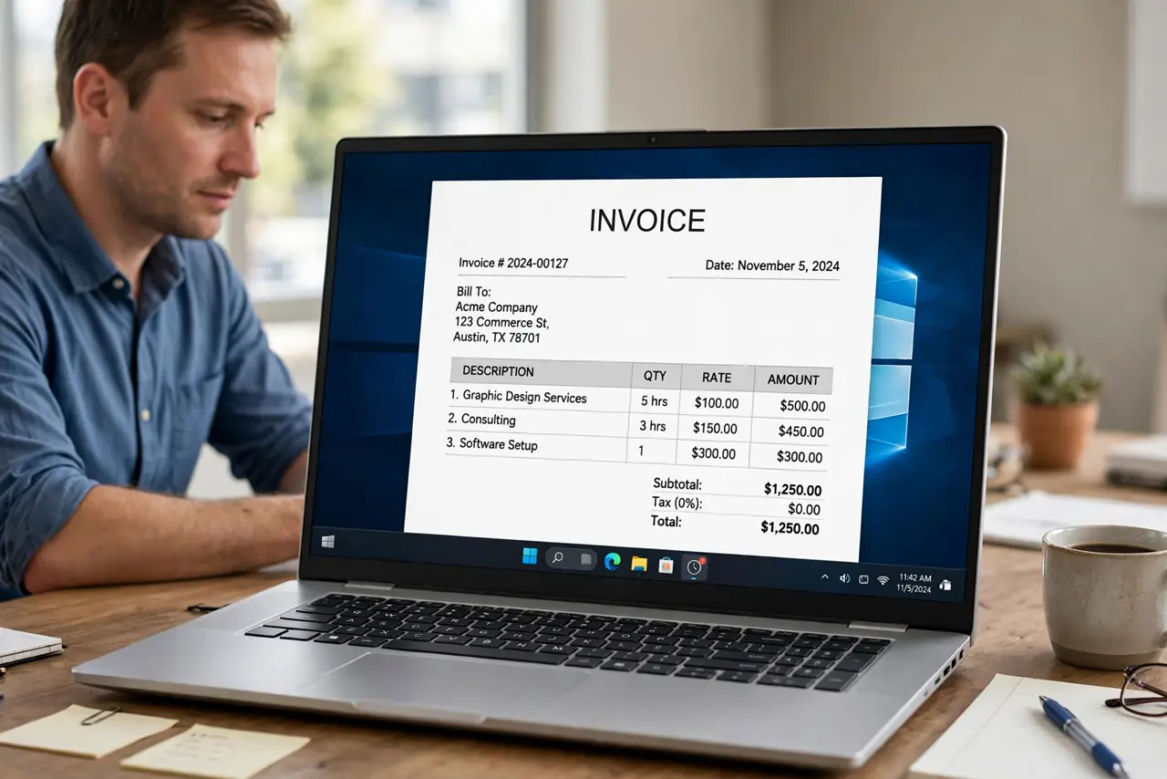 a calm adult at a desk with a real Windows laptop showing an invoice template on the real screen with line items and a total visible. No black screen, no blank 