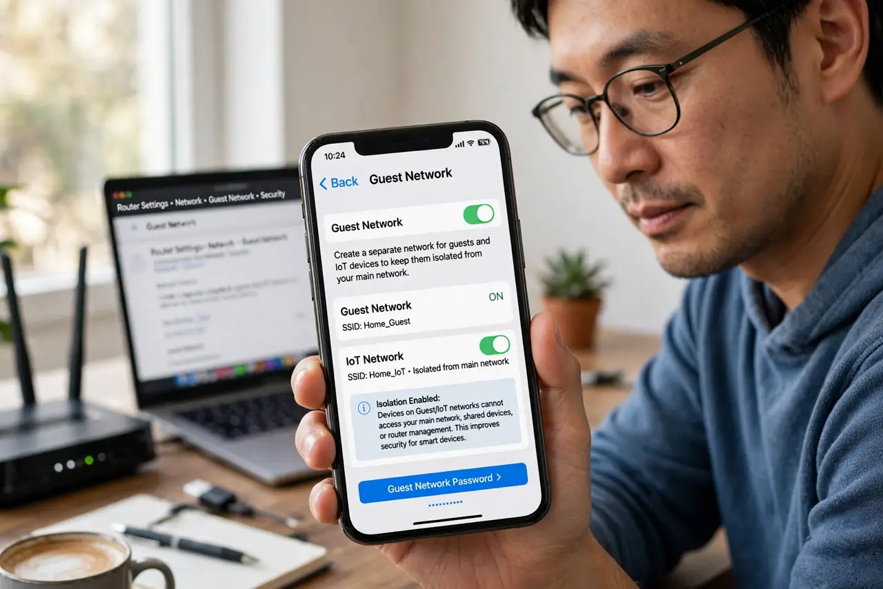 A person performing step 1 of the guide: Check what your router offers. Look for a guest network or an IoT network option in the router settings. Either one isolates gadgets from your main network, which is the whole poin...