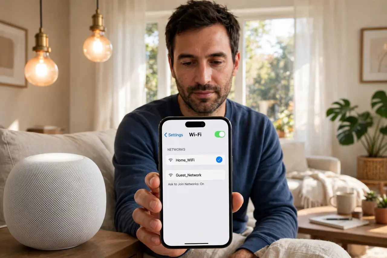 a calm adult in a living room with a real smart speaker and smart bulbs glowing, holding a phone showing a Wi-Fi network list with two network names legible. No black screen, no blank white screen, no fake or garbled ...
