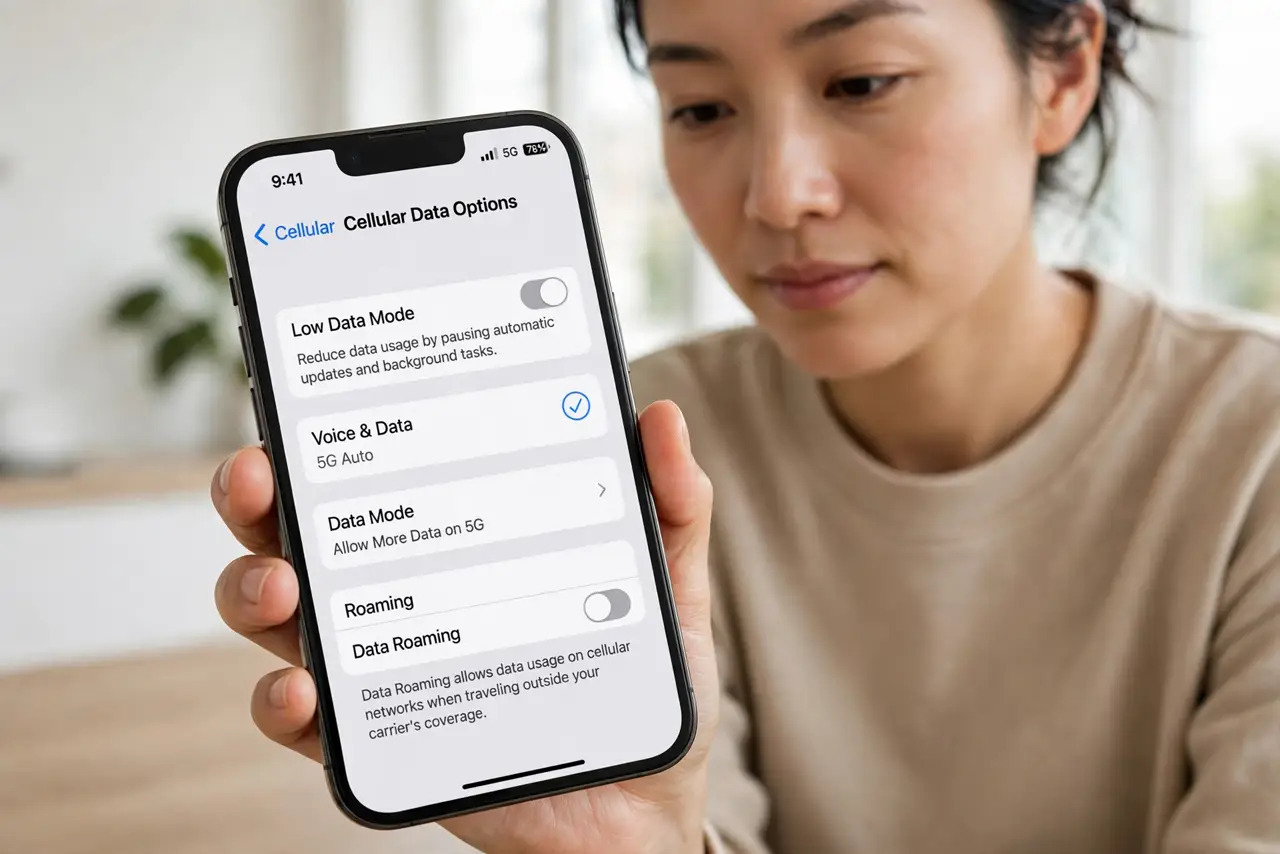 Photoreal photo of a person performing the first step: Find the Voice and Data setting. Settings, then Cellular, then Cellular Data Options, then Voic