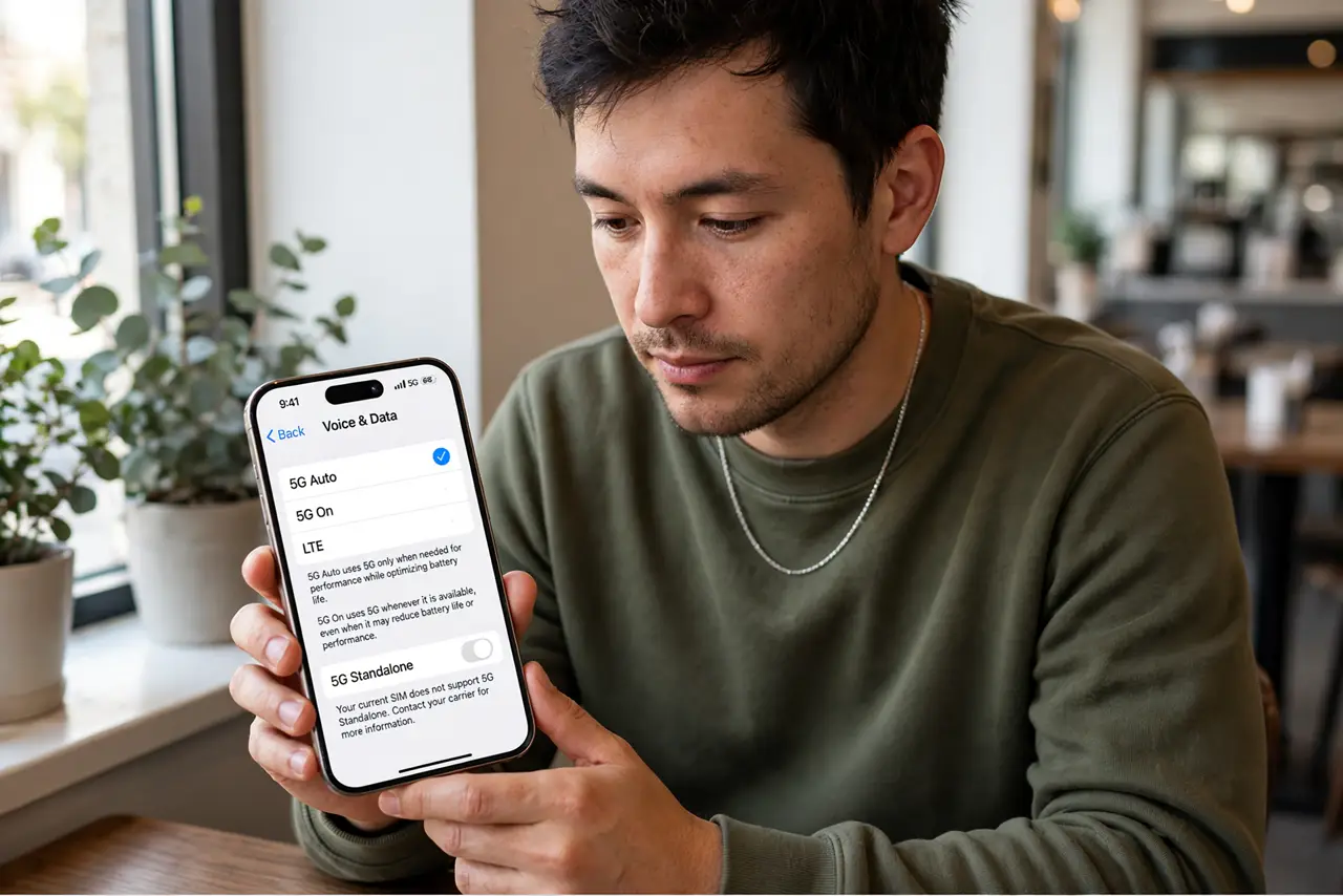 Photoreal photo: a person viewing real iPhone Settings showing the legible Voice and Data screen with 5G On, 5G Auto, and LTE options, the person's face thoughtful, bright room. No black screen, no blank white screen, no fake or garbl