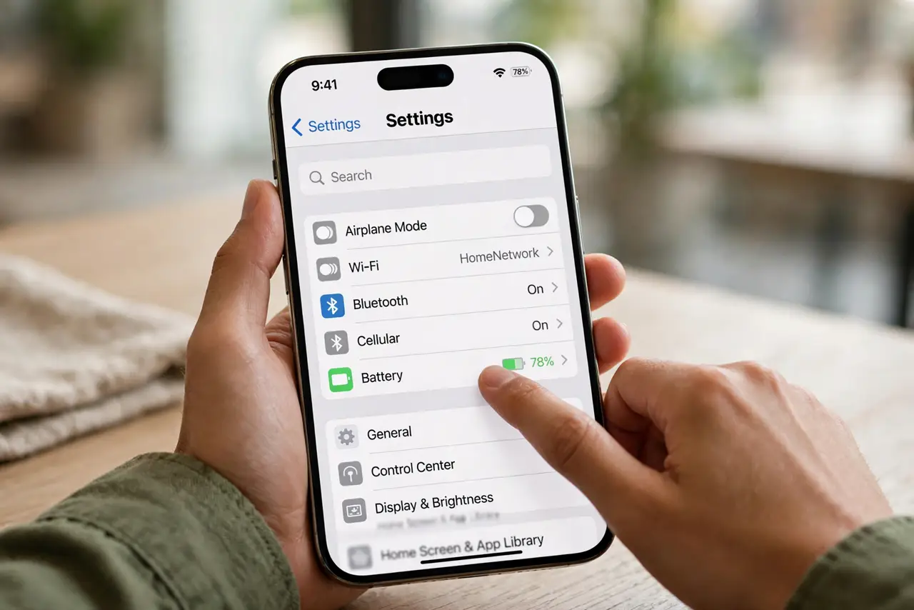 A person carrying out step one: find the charging settings.