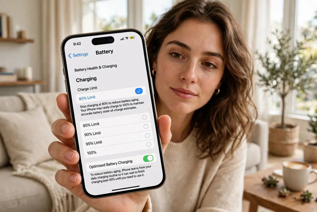 A person holding a real iPhone showing the Battery settings screen with the 80% charge limit option legible, the phone screen large and readable, the person's…