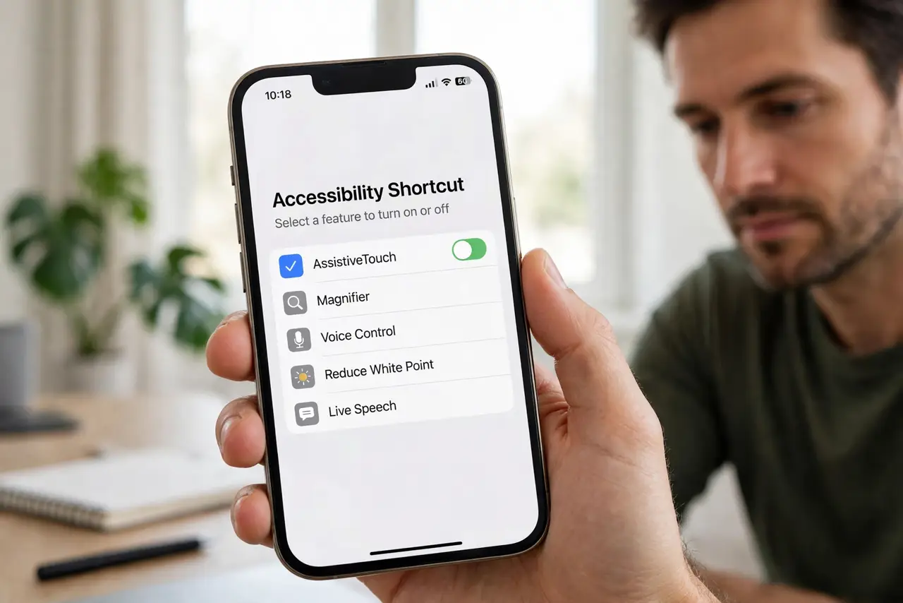 a person triple-clicking the side button on a real iPhone with the accessibility shortcut menu legible on screen, the person's face efficient, bright room.