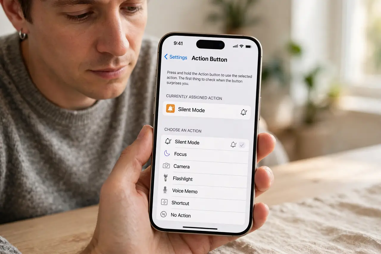 The Action Button Does the Wrong Thing — step 1 being performed on the device.