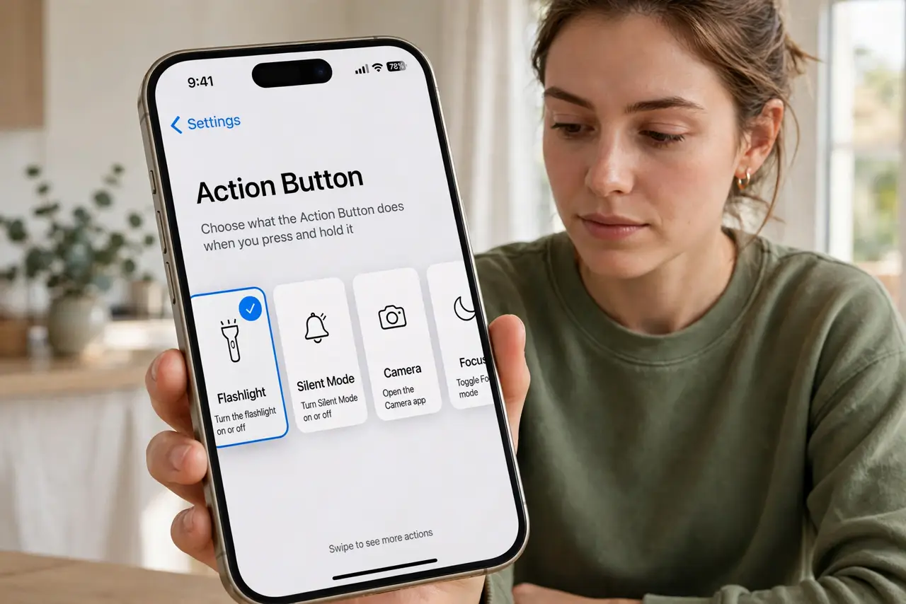 Photoreal photo of a person performing the first step: Open the Action Button settings. Go to Settings and tap Action Button. You will see a swipea...