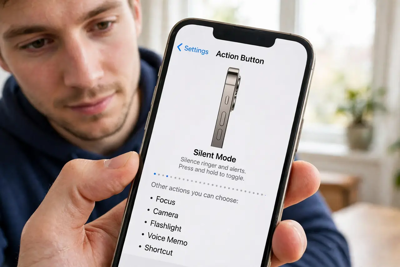 Photoreal photo: a person's thumb pressing the real Action Button on the side of a real iPhone, the screen showing a legible Action Button settings page, the person's face curious, bright room. No black screen, no ...