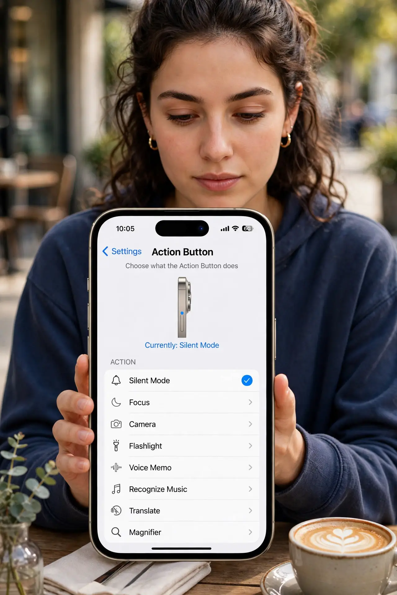 A person calmly performing the guide's first step: Open the Action button settings.