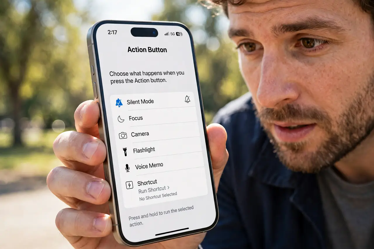 a person holding a real iPhone pressing the Action button on the side, the screen showing the Action button settings with legible options, the person's face intrigued, bright dayli.