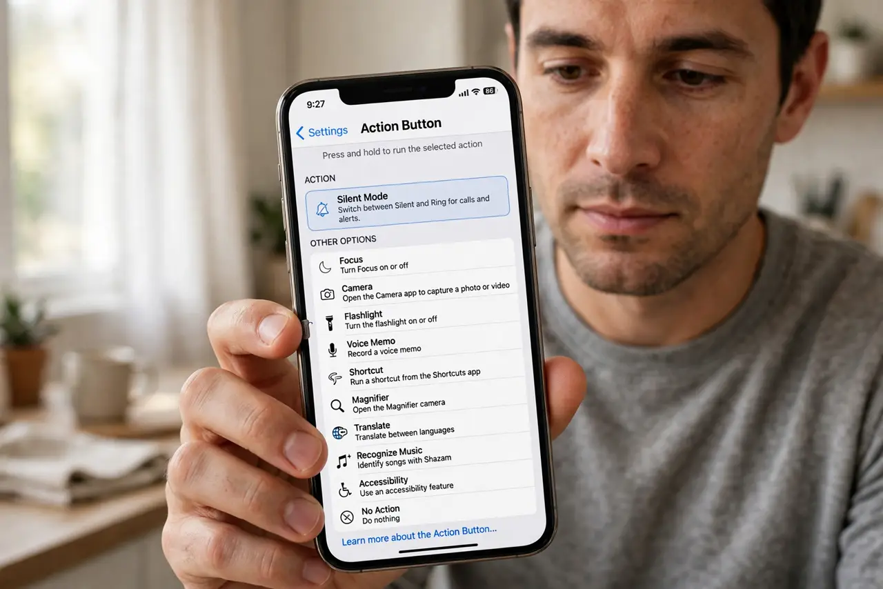 Set Up the iPhone Action Button Right — a calm adult holding a real iPhone with a finger on the Action Button, the settings screen showing Action Butt