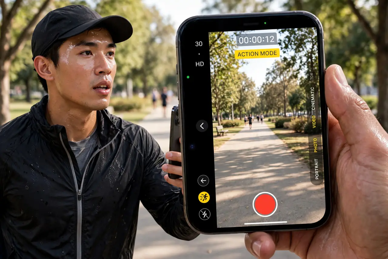 A person jogging on a park path holding a real iPhone filming video, the iPhone screen showing the camera view with the Action Mode icon legible and the scene…