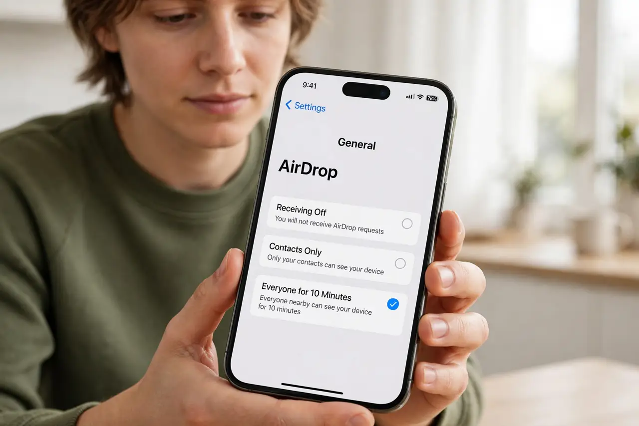 Photoreal photo of a person performing the first step: Open the AirDrop setting. Go to Settings, then General, then AirDrop. You will see three opt...