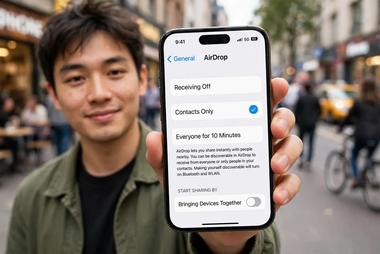 Photoreal photo: a person holding a real iPhone showing the legible AirDrop settings screen with Contacts Only selected, a busy street blurred in the background, the person's face reassured. No black screen, no bla...