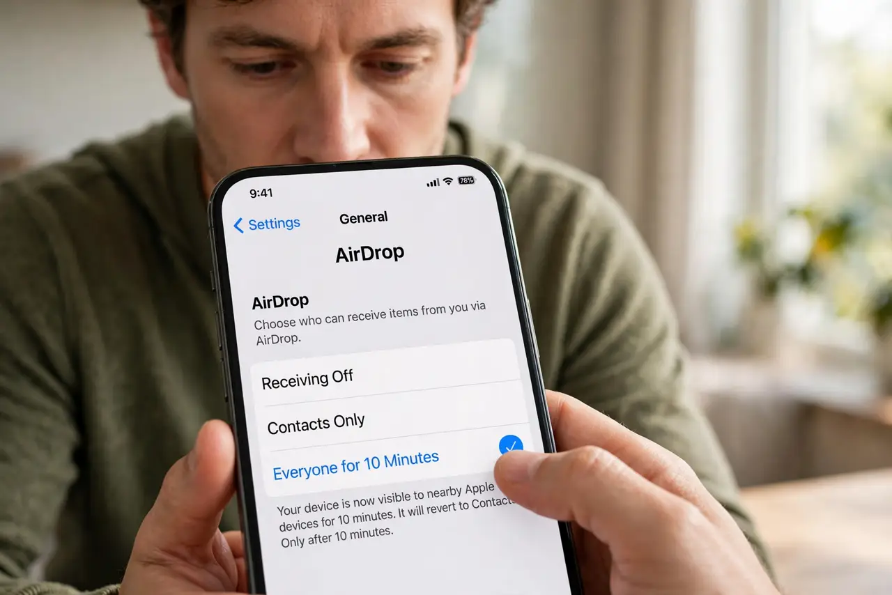 Person performing step 1: Set AirDrop receiving to Everyone for 10 Minutes. Open Settings, then General, then AirDrop, and choose Everyone for 10 Minutes....