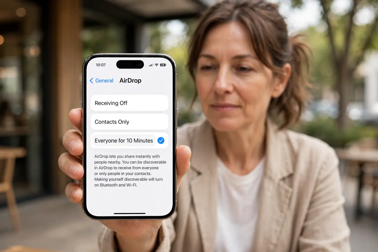 Photorealistic photo: A calm adult holding an iPhone toward the viewer, the real iPhone screen showing Settings, General, AirDrop, with Everyone for 10 Minutes selected and the text legible.