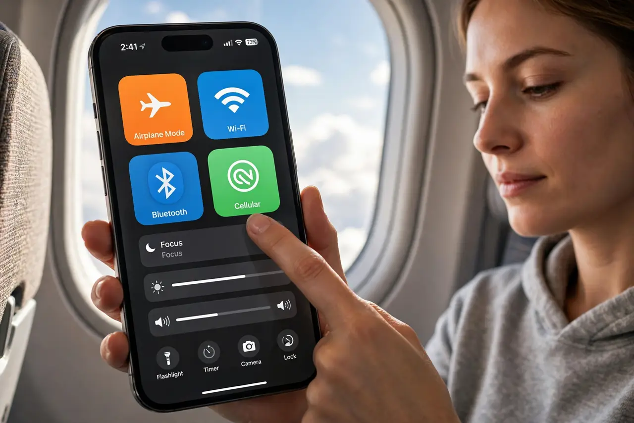 Photoreal photo of a person performing the first step: Turn it on the fast way. Swipe into Control Center and tap the airplane icon — orange means on.