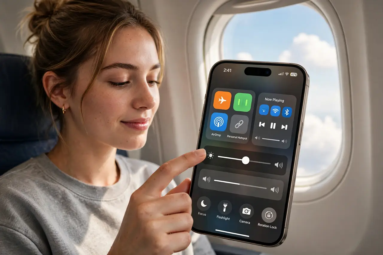 Photoreal photo: a person tapping the airplane mode icon in a real iPhone Control Center with legible icons, the person's face calm, airplane window seat background. No black screen, no blank white screen, no fake or garbled screen te