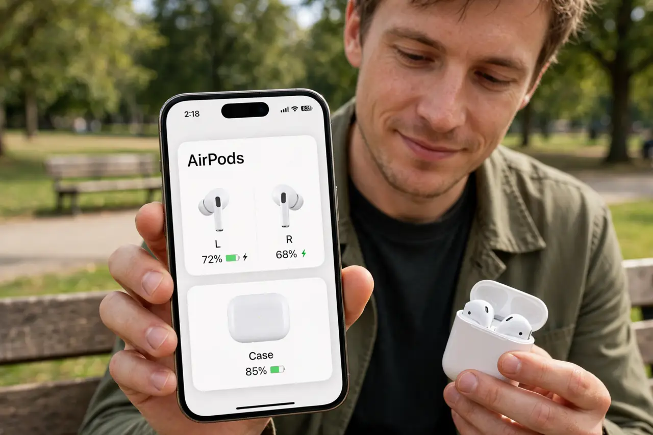a person glancing at a real iPhone battery widget showing AirPods case and bud percentages legible on screen, AirPods case in hand, the person's face knowingly satisfied, park bench.