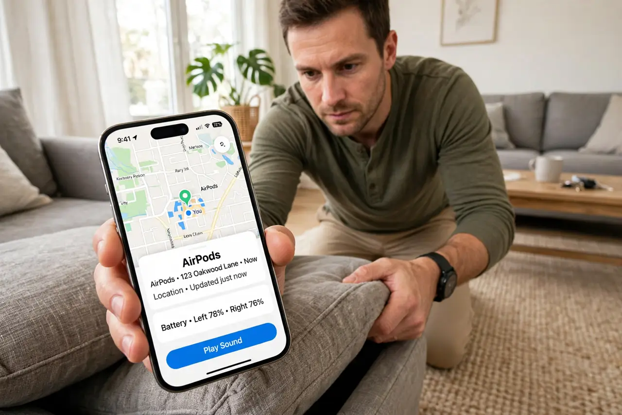 a person on hands and knees searching couch cushions while holding a real iPhone showing the Find My map with a legible AirPods location, the person's face determined, living room.