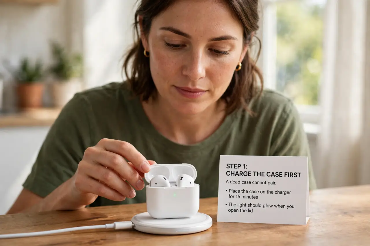 A person performing the first step of the guide: Charge the case first.