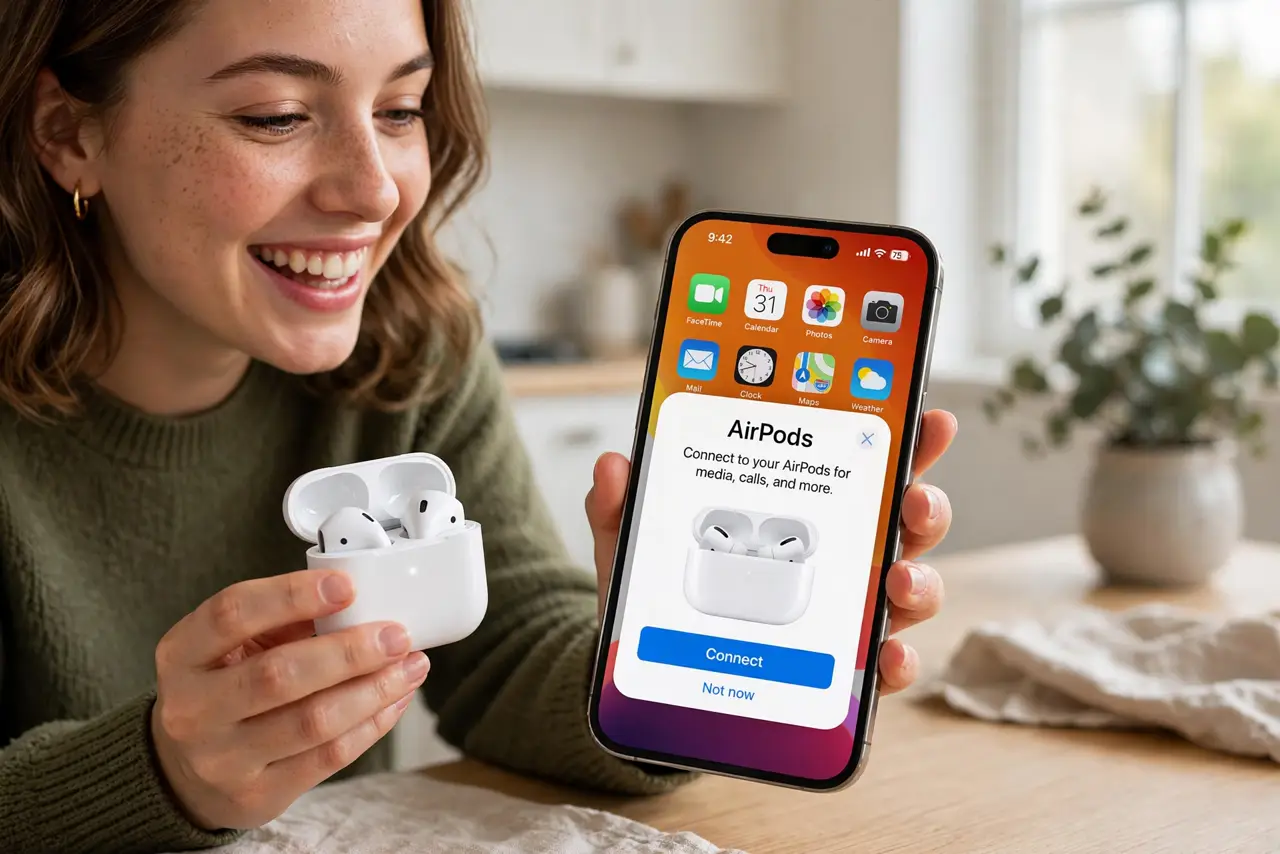 a person holding open a real AirPods case next to a real iPhone showing the pairing popup with legible text, the person's face lighting up with success, bright room.