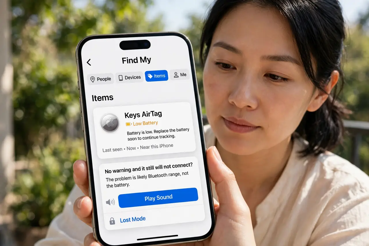 A person performing the first step of the guide: Confirm the battery is actually low. Open Find My, tap Items, then your AirTag — a low-battery warning appears.