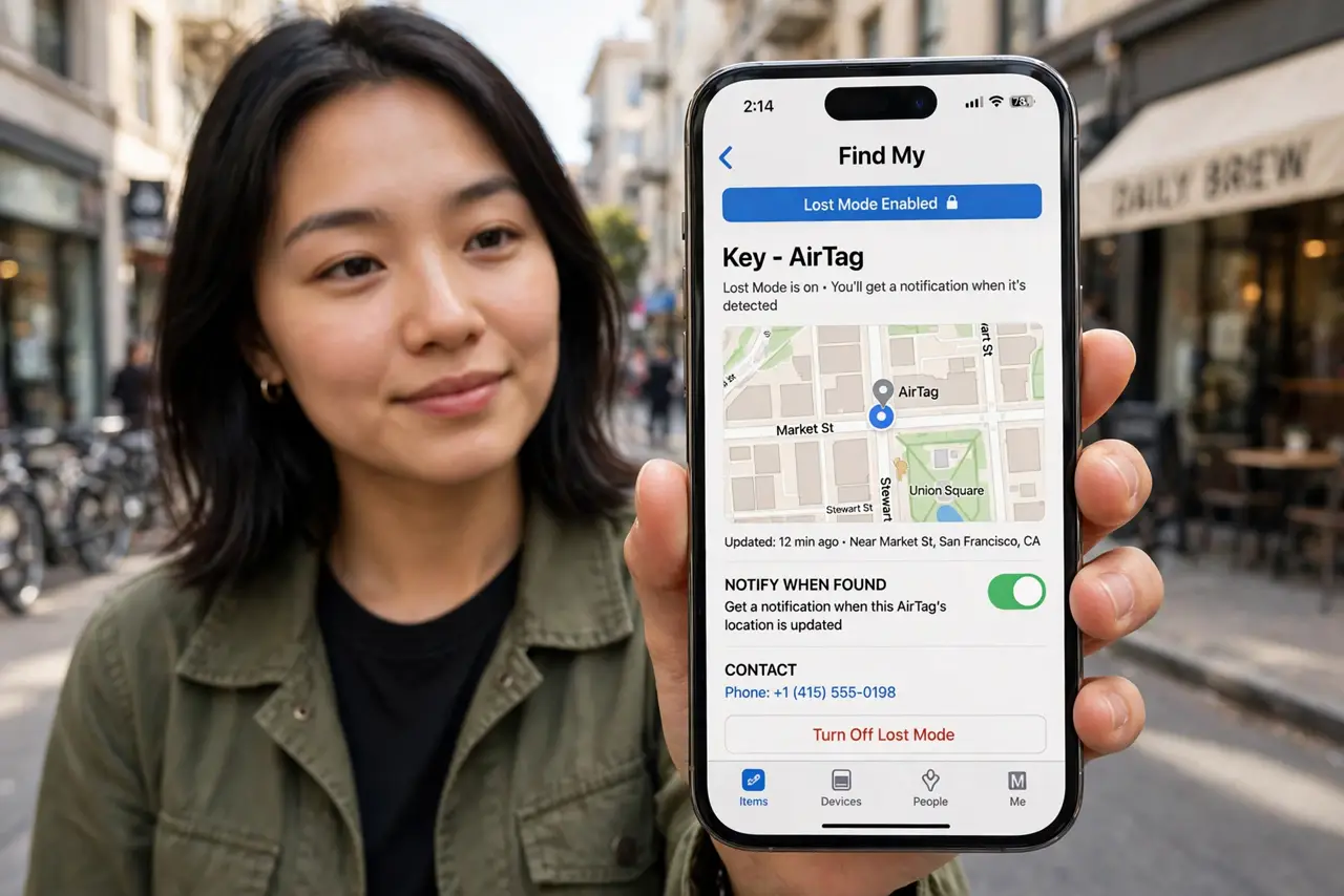 a person holding a real iPhone showing the Find My screen with an AirTag in Lost Mode and a legible map, the person's face hopeful, city street.