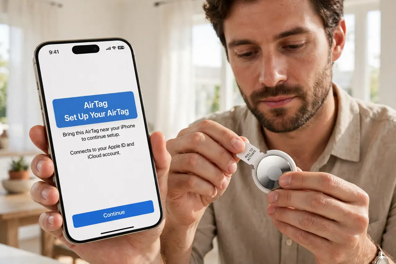 Photoreal photo of a person performing the first step: Pull the battery tab. New AirTags ship with a plastic tab blocking the battery. Pull it out ...