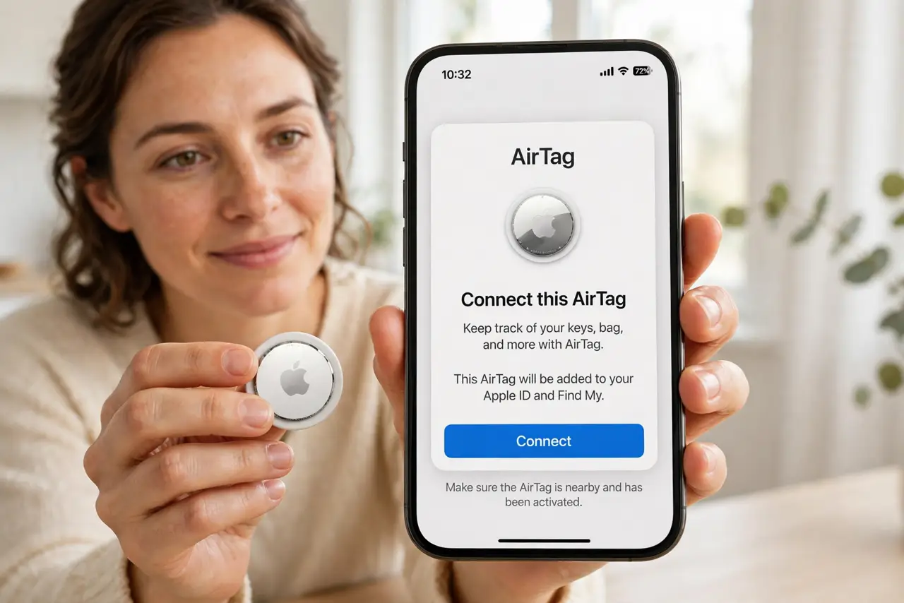 Photoreal photo: a person holding a real AirTag next to a real iPhone showing the AirTag setup screen with legible text, the person's face pleased, bright room. No black screen, no blank white screen, no fake or ga...