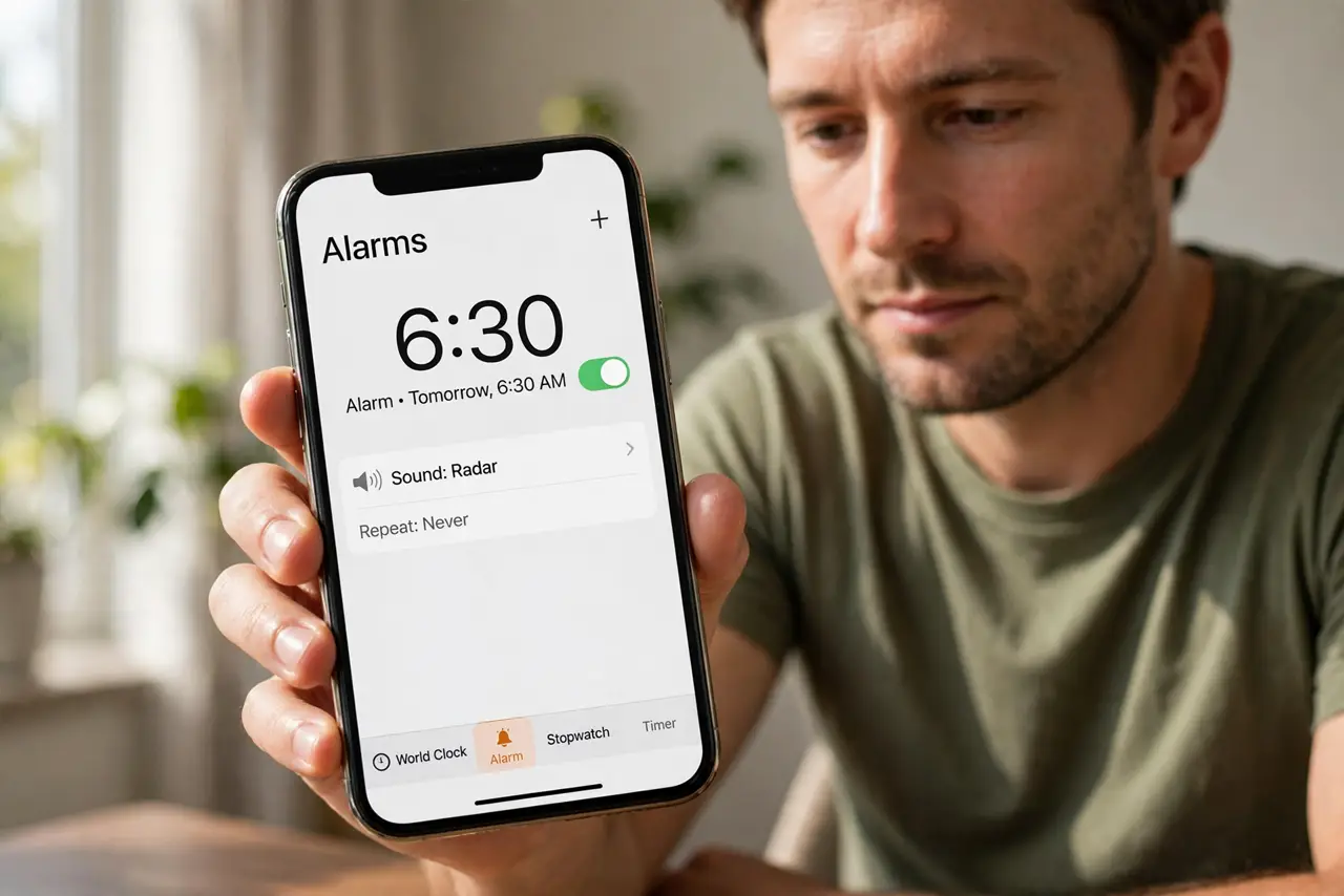 Person performing step 1: Confirm the alarm is on and has a sound. Open Clock, then Alarms, and check the toggle is on and Sound is set to a real tone, not None....