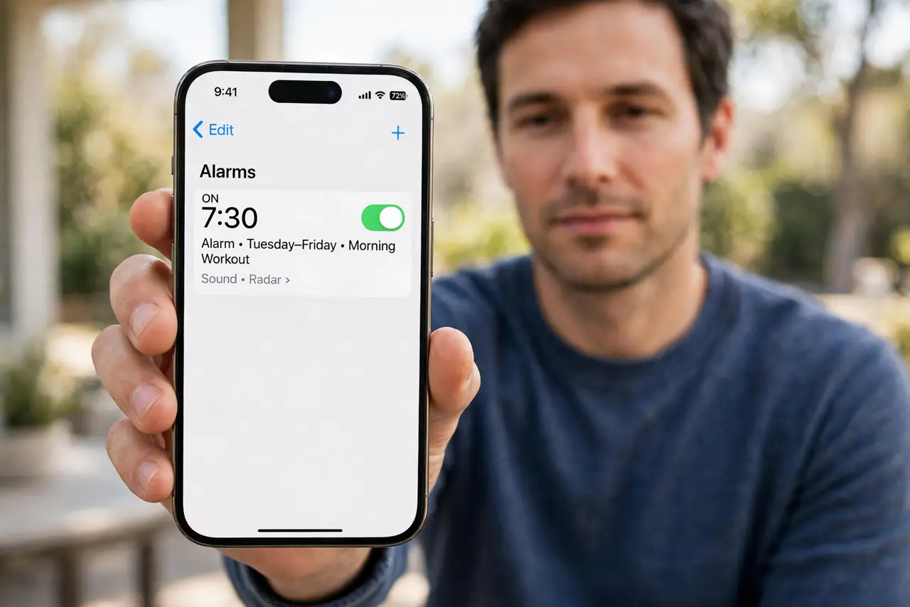 Photorealistic photo: A calm adult holding an iPhone toward the viewer, the real iPhone screen showing the Clock app Alarms list with one alarm on and its sound setting legible.