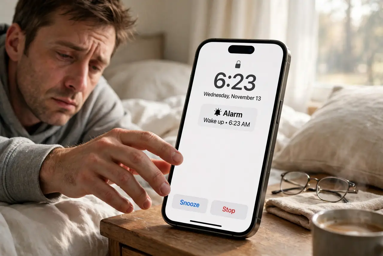 iPhone Alarm Doesn't Vibrate — a sleepy adult in the morning reaching for a real iPhone on a nightstand showing the alarm screen in fully leg