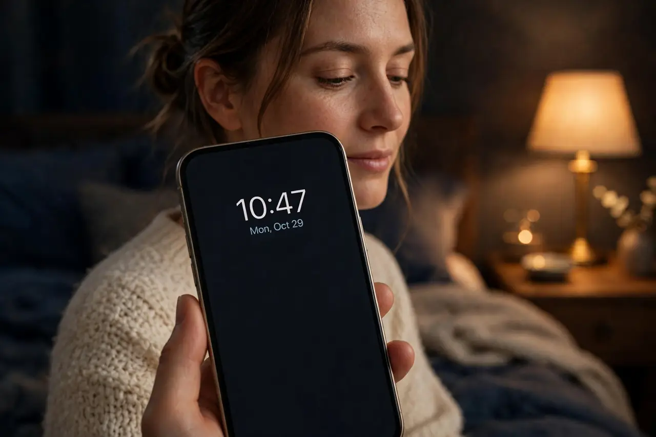 a person holding a real iPhone showing a dimmed always-on display with just the time visible on a dark screen, on a nightstand in a dim bedroom, the person's face calm. No black sc.