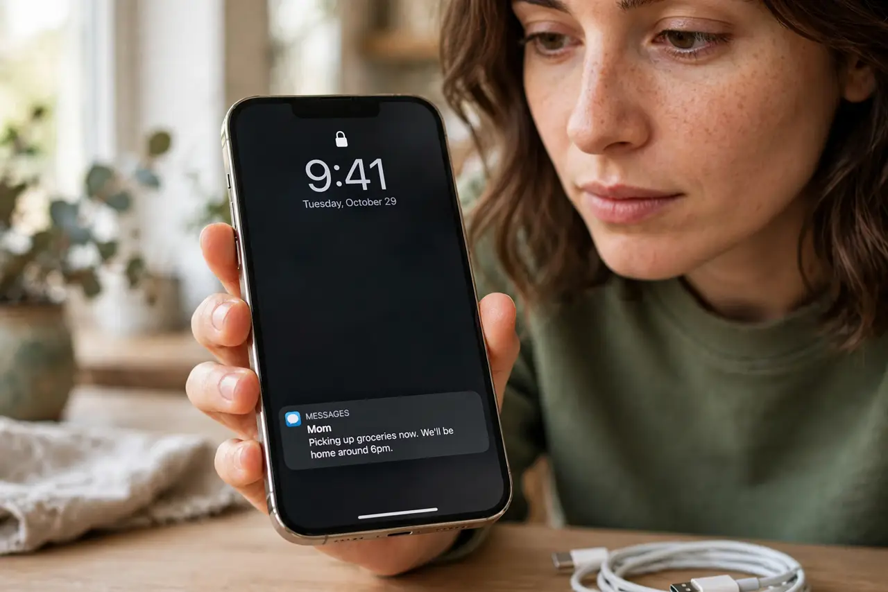 Always-On Display Drains Battery — a person holding a real iPhone showing the dim always-on lock screen with the clock and one notification fully