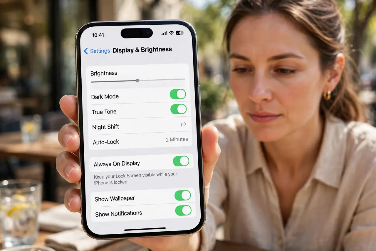 A person calmly performing the guide's first step: Find the Always On settings.