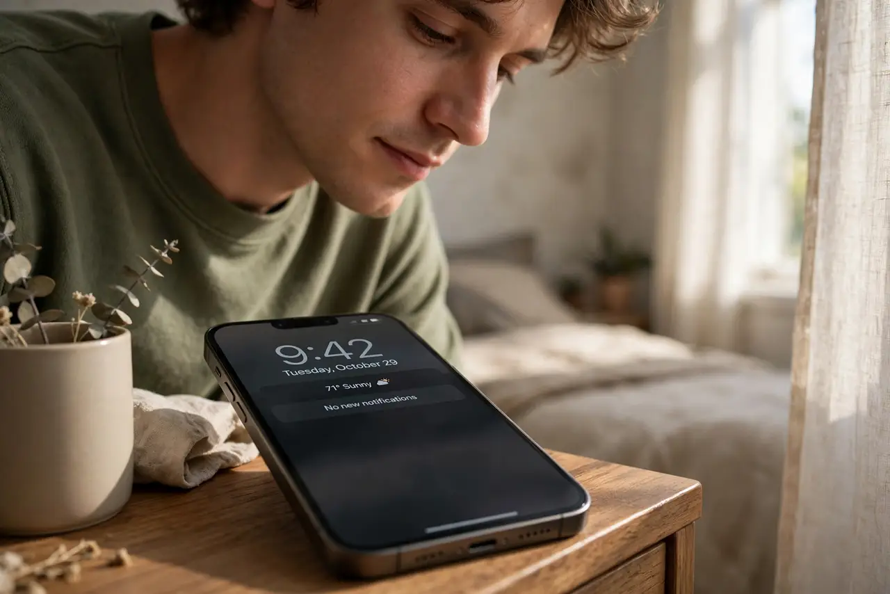 a person glancing at a real iPhone on a nightstand showing a dimmed always-on display with legible clock, the person's face calm, dim bedroom. No black screen, no blank white scree.