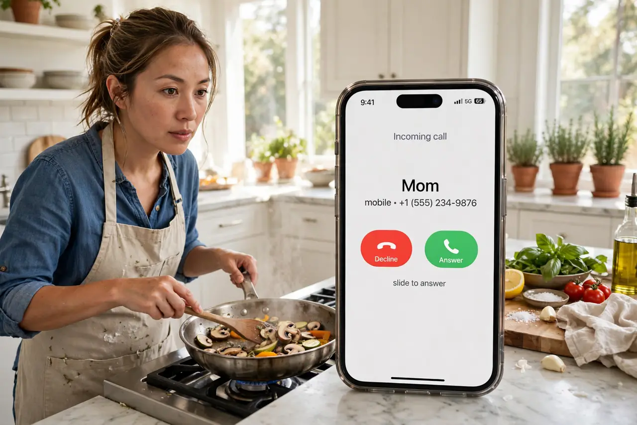 A person cooking in a kitchen while a real iPhone on the counter announces an incoming call, the screen showing the caller legibly, the person's face…