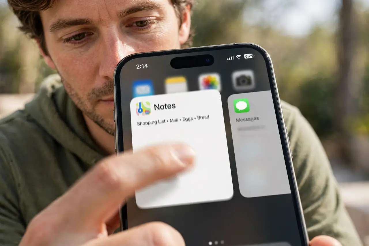 Person performing step 1: Force-close the app. Swipe up from the bottom, find the app in the app switcher, and swipe it away. Reopen it fresh, since a stuck app...