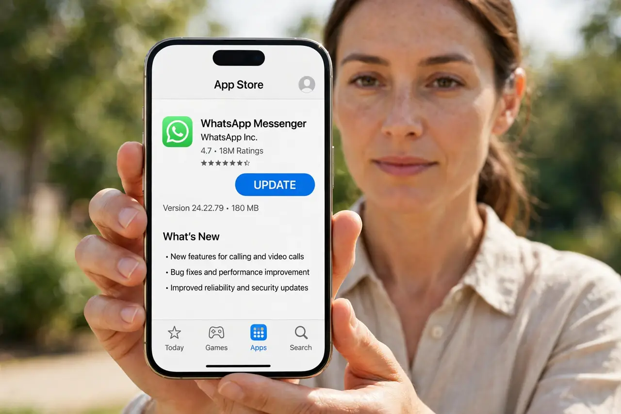 Photorealistic photo: A calm adult holding an iPhone toward the viewer, the real iPhone screen showing the App Store app page with an Update button legible.
