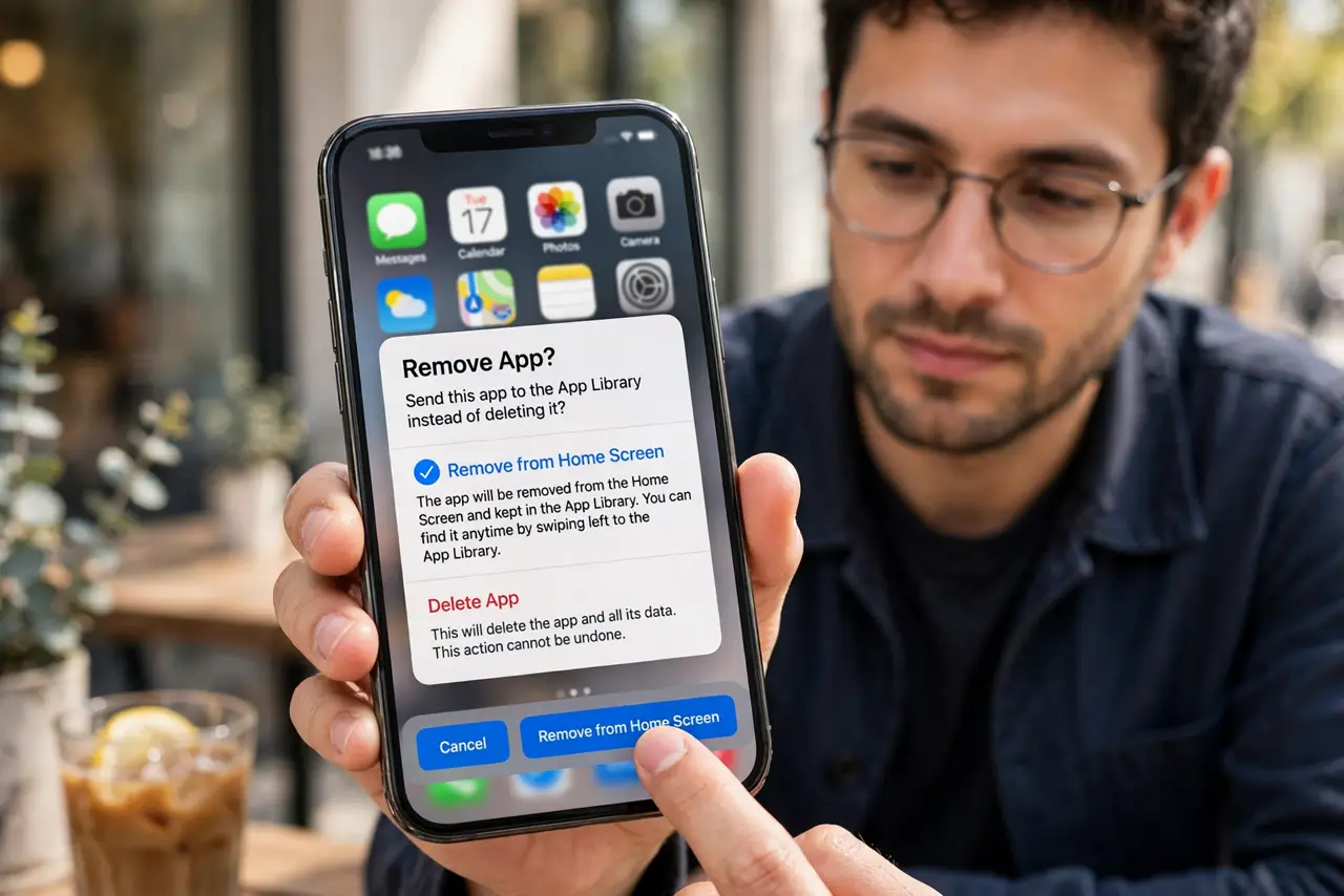 A person calmly performing the guide's first step: Send apps to the Library, not the trash.