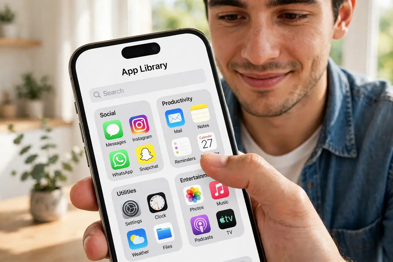 a person swiping through a real iPhone App Library showing legible app folders, the person's face relieved, bright room. No black screen, no blank white screen, no fake or garbled .